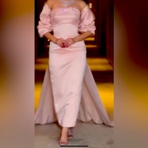 Custom Made Pink Evening dress off shoulders with a long back piece